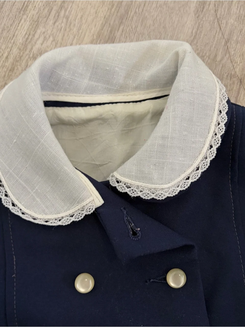 VTG Girls Over Coat Lace Trim Collar Pearl Button Sailor Nautical Navy Size 4